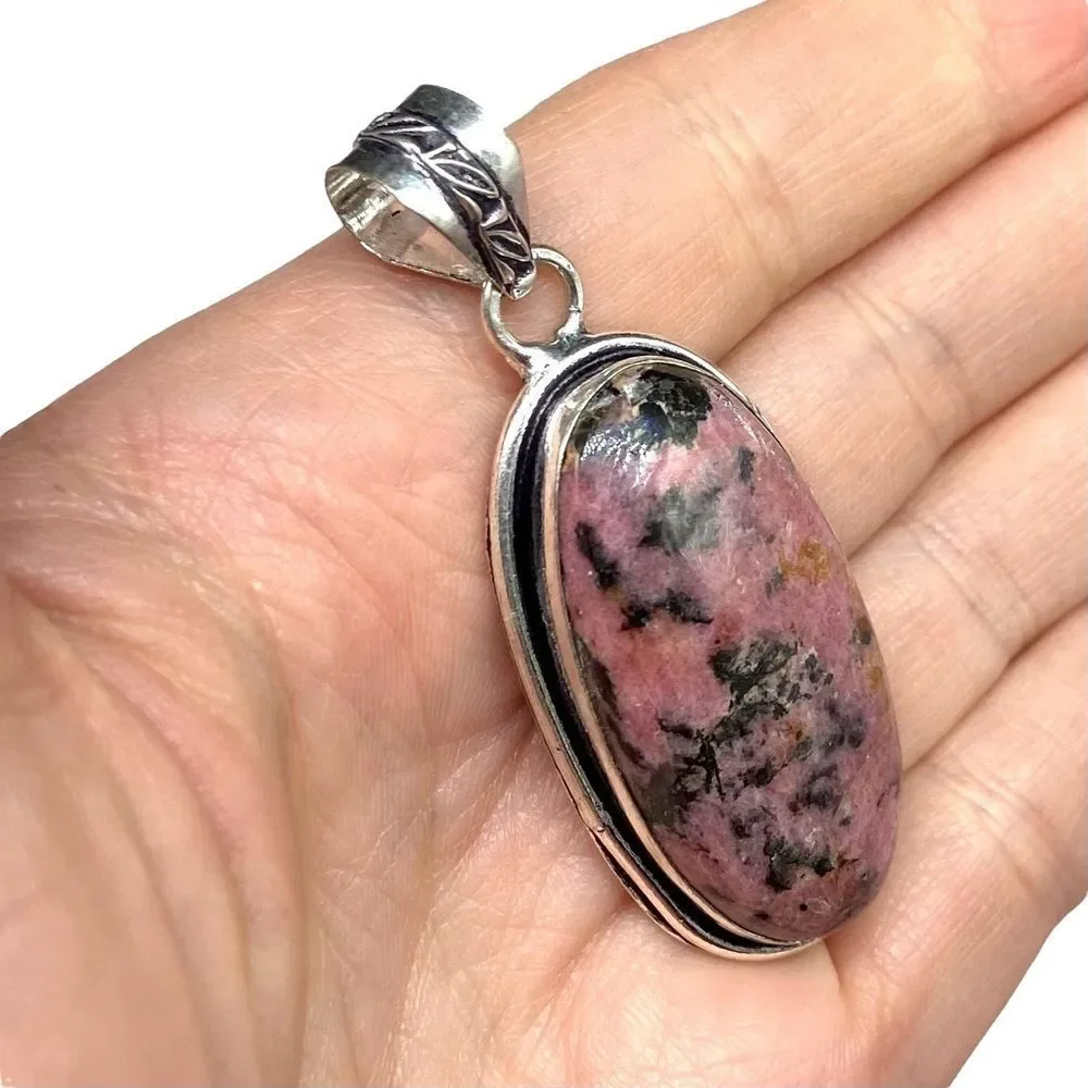 Rhodonite Necklace Pendant 925 Sterling Silver Overlay Pink Natural Stone Oval